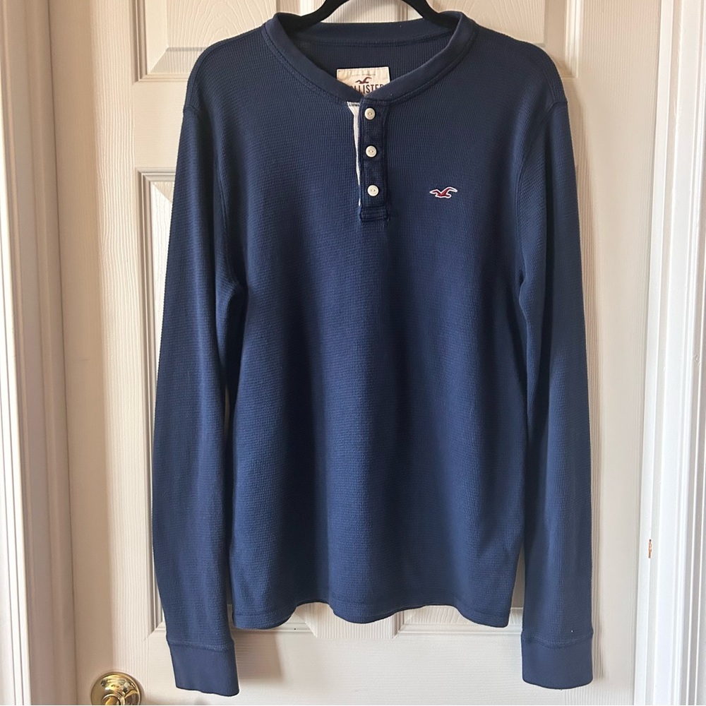 Hollister Navy Blue Waffle Knit Thermal Henley Long Sleeve Shirt Men’s M